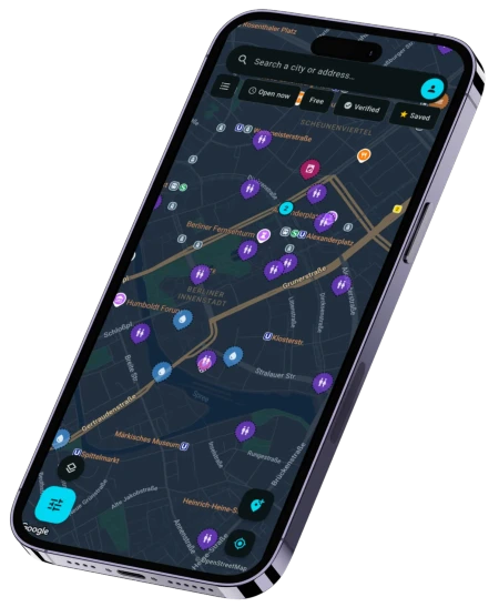 The Fontavio map showing drinking water, toilets and showers in central Berlin